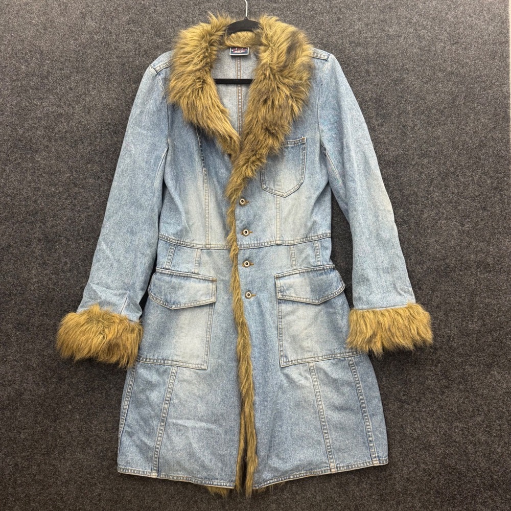 One Tuff Babe OTB Vintage 90s Penny Lane Boho Faux Fur Trim Denim Coat Medium